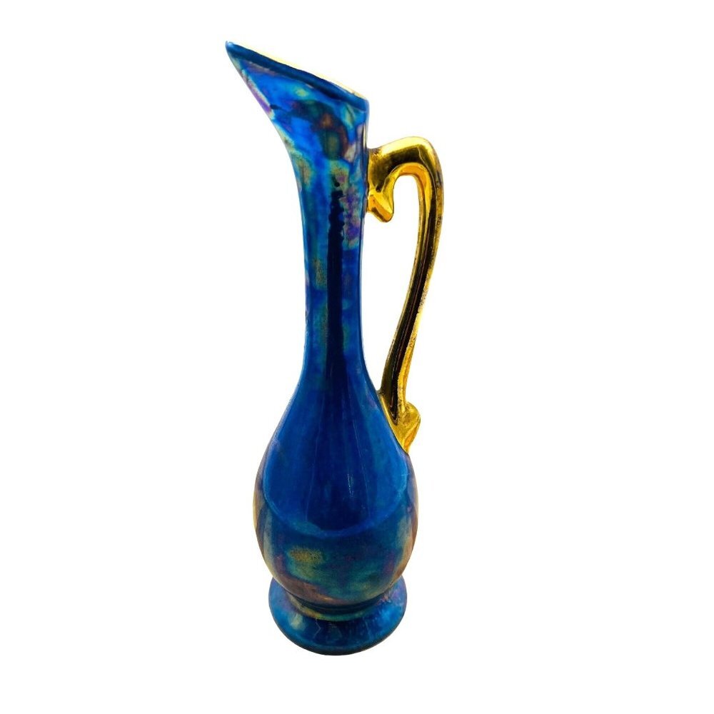 Vintage F.W. Woolworth Co. Iridescent Blue Gold Miniature Pitcher Jug Vase 7.25”